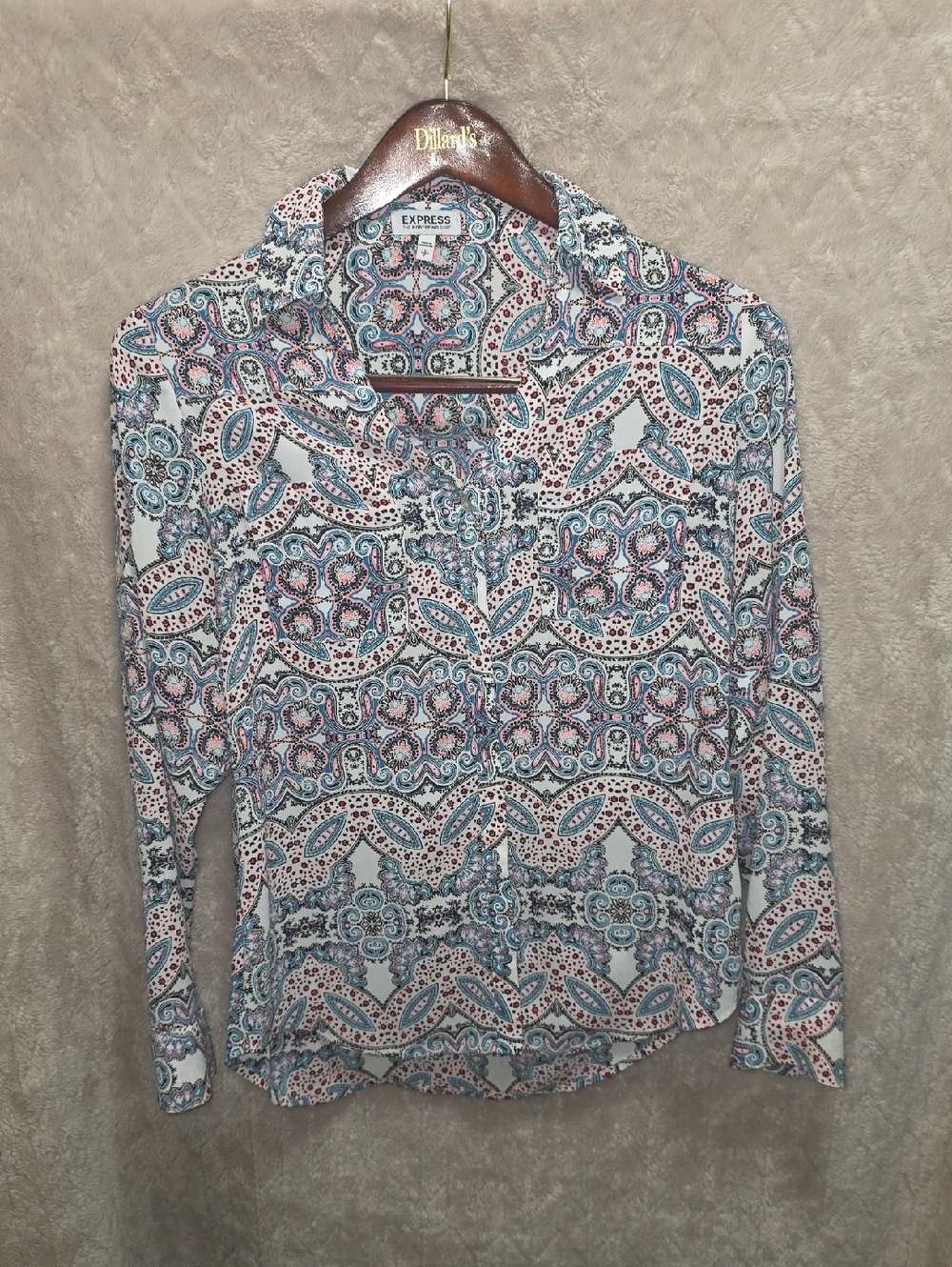 Express Paisley Button-Down Office Blouse in Teal and Neon Pink